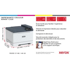 Xerox C320 Imprimante recto verso sans fil A4 33 ppm, PS3 PCL5e 6, 2 magasins Total 251 feuilles