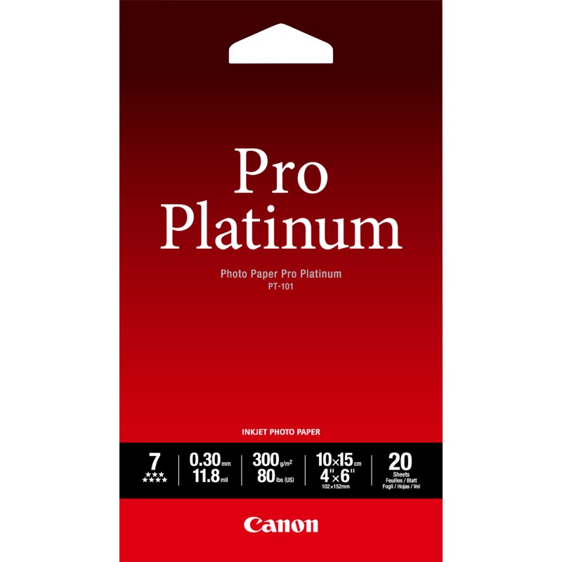 Canon Papier photo professionnel Platinum 4 × 6 po (10 × 15 cm) PT-101 - 20 feuilles Canon Papier photo professionnel Platinum 4 × 6 po (10 × 15 cm) PT-101 - 20 feuilles