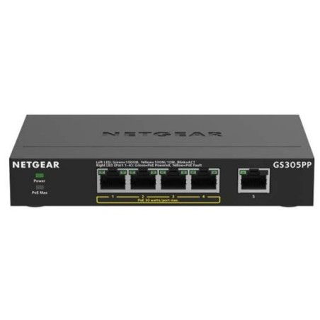 NETGEAR GS305PP Non-géré Gigabit Ethernet (10/100/1000) Connexion Ethernet, supportant l'alimentation via ce port (PoE) Noir