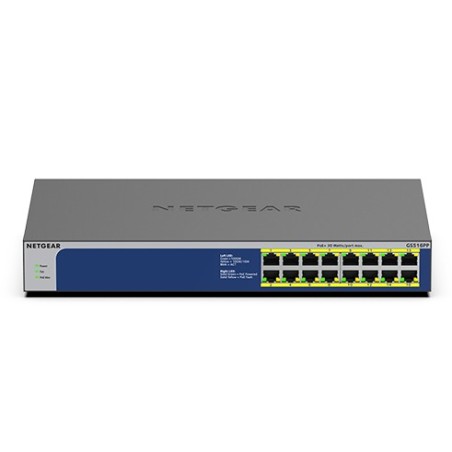 NETGEAR GS516PP Non-géré Gigabit Ethernet (10/100/1000) Connexion Ethernet, supportant l'alimentation via ce port (PoE) Bleu,