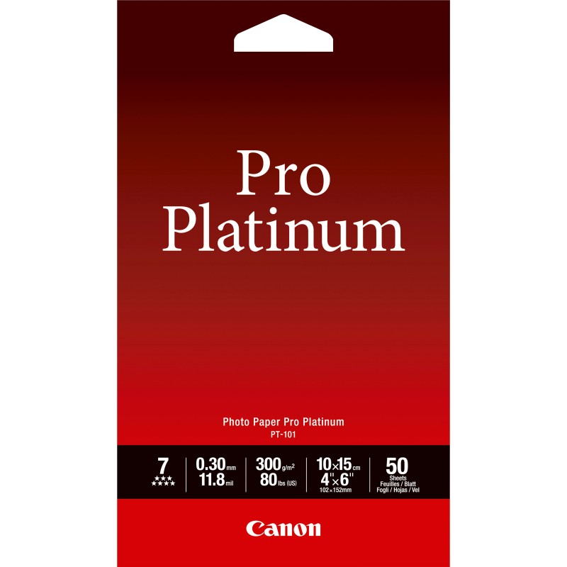 Canon Papier photo 4 × 6” (10 × 15 cm) Pro Platinum PT-101 - 50 feuilles Canon Papier photo 4 × 6” (10 × 15 cm) Pro Platinum PT-101 - 50 feuilles