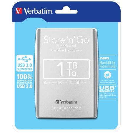 Verbatim Disque dur portable USB Store 'n' Go 3.0, 1 To, Argenté