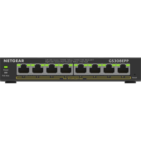 NETGEAR GS308EPP Géré L2/L3 Gigabit Ethernet (10/100/1000) Connexion Ethernet, supportant l'alimentation via ce port (PoE) Noir