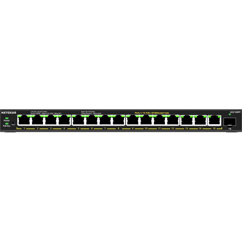 NETGEAR GS316EPP Géré Gigabit Ethernet (10/100/1000) Connexion Ethernet, supportant l'alimentation via ce port (PoE) Noir NETGEAR GS316EPP Géré Gigabit Ethernet (10/100/1000) Connexion Ethernet, supportant l'alimentation via ce port (PoE) Noir