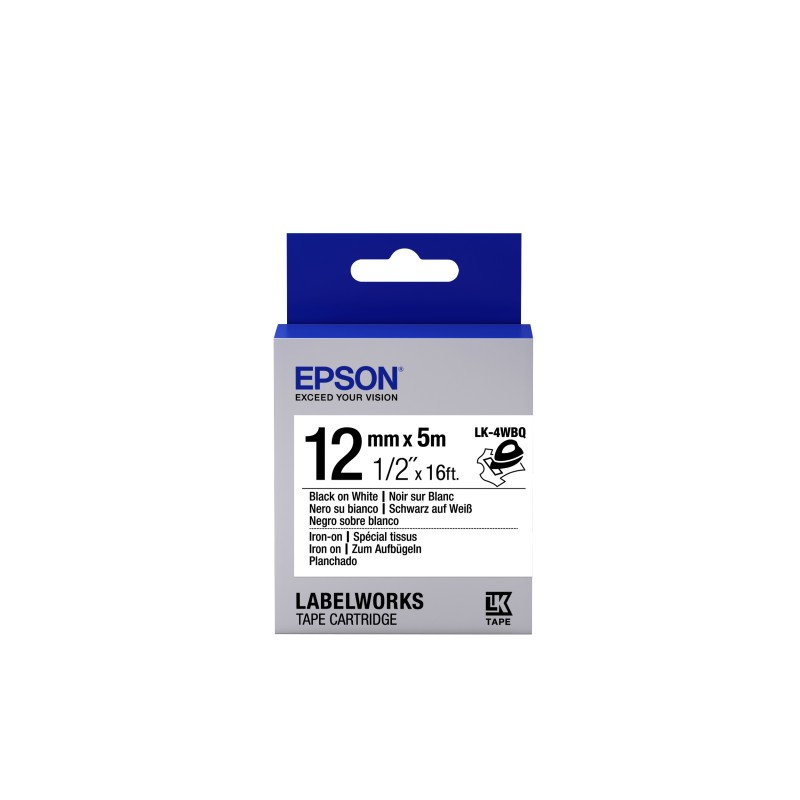 Epson LK-4WBQ - Spécial tissu thermocollant - Noir sur Blanc - 12mmx5m Epson LK-4WBQ - Spécial tissu thermocollant - Noir sur Blanc - 12mmx5m