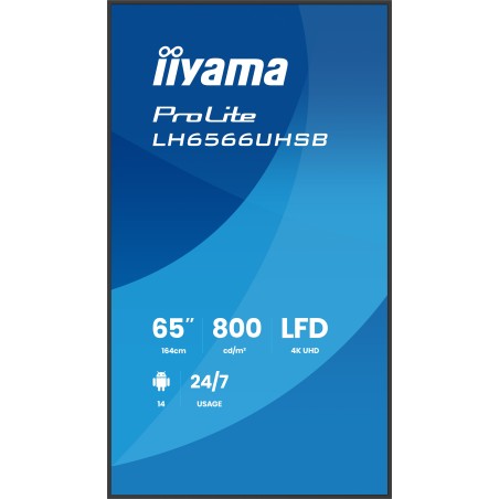 iiyama LH6566UHSB-B1AG Écran d'affichage dynamique Écran plat de signalisation numérique 165,1 cm (65") LCD Wifi 800 cd/m² 4K