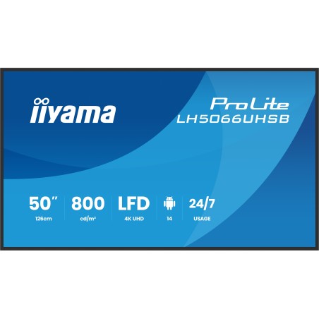 iiyama LH5066UHSB-B1AG Écran d'affichage dynamique Écran plat de signalisation numérique 127 cm (50") LCD Wifi 800 cd m² 4K