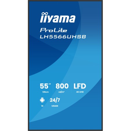 iiyama LH5566UHSB-B1AG Écran d'affichage dynamique Écran plat de signalisation numérique 139,7 cm (55") LCD Wifi 800 cd/m² 4K