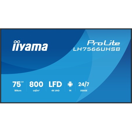 iiyama LH7566UHSB-B1AG Écran d'affichage dynamique Écran plat de signalisation numérique 190,5 cm (75") LCD Wifi 800 cd m² 4K