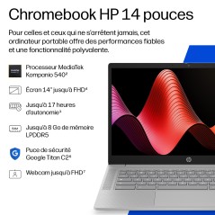 HP Chromebook 14a-nm0000nfx MediaTek 35,6 cm (14") HD 4 Go LPDDR5-SDRAM Wi-Fi 6 (802.11ax) ChromeOS Gris