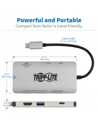 Tripp Lite U442-DOCK5-GY Estación de Conexión USB C - 4K HDMI, USB 3.2 Gen 1, Hub USB A, GbE, Tarjeta de Memoria, Carga PD de
