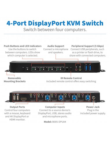 Tripp Lite B005-DPUA4 KVM DisplayPort USB de 4 Puertos - 4K 60 Hz, HDR, HDCP 2.2, IR, DP 1.4, Compartido de USB