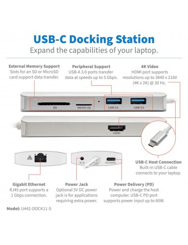 Tripp Lite U442-DOCK11-S station d'accueil USB 3.2 Gen 2 (3.1 Gen 2) Type-C Argent