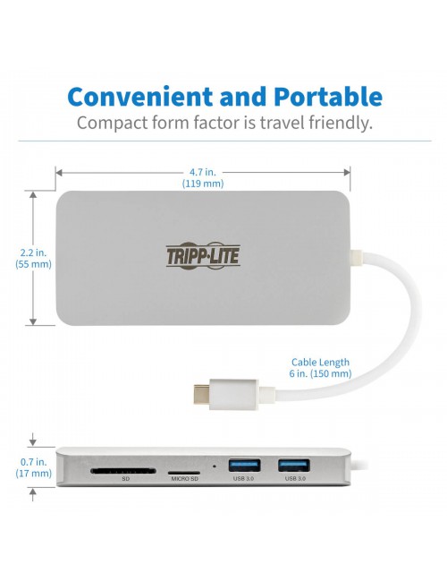 Tripp Lite Estación de Conexión USB-C Type-C, 4K @ 30 Hz, HDMI, Thunderbolt 3, USB-A Hub, Carga PD, SD Micro SD, GbE - Plata