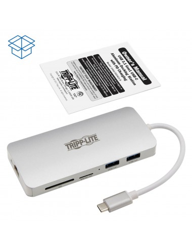 Tripp Lite Estación de Conexión USB-C Type-C, 4K @ 30 Hz, HDMI, Thunderbolt 3, USB-A Hub, Carga PD, SD Micro SD, GbE - Plata