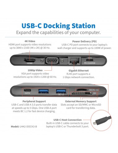 Tripp Lite U442-DOCK3-B station d'accueil Avec fil USB 3.2 Gen 2 (3.1 Gen 2) Type-C Noir