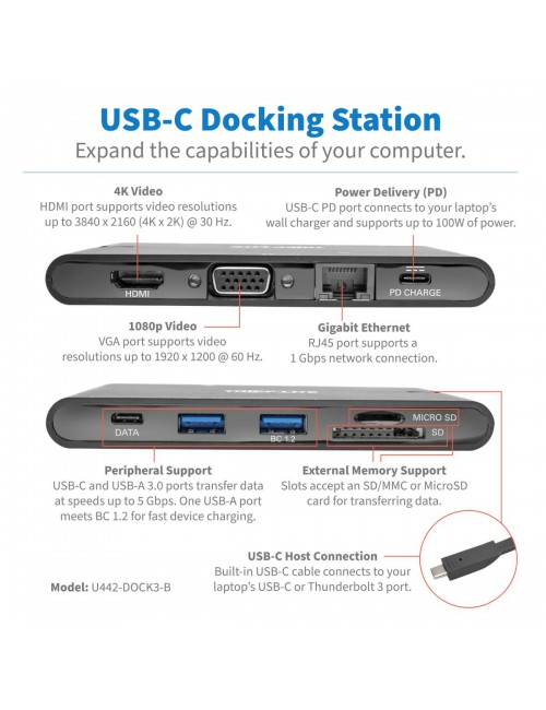 Tripp Lite U442-DOCK3-B Estación de Conexión USB C - 4K HDMI, VGA, USB 3.2 Gen 1, Hub USB A y USB C, GbE, Tarjeta de Memoria,