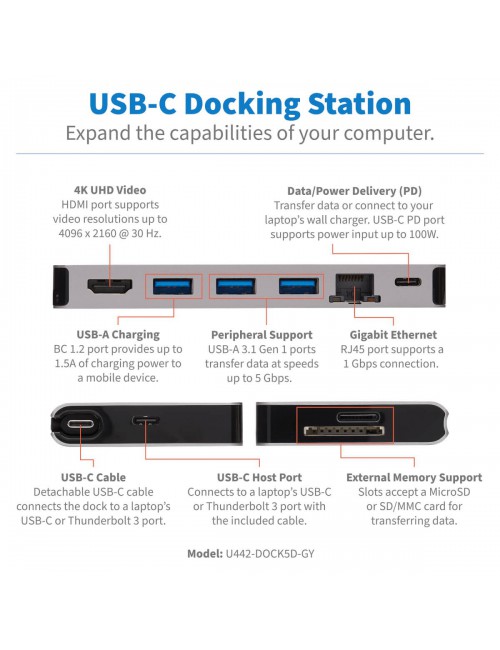 Tripp Lite U442-DOCK5D-GY Estación de Conexión USB C - 4K HDMI, USB 3.2 Gen 1, Hub USB A, GbE, Tarjeta de Memoria, Carga PD de