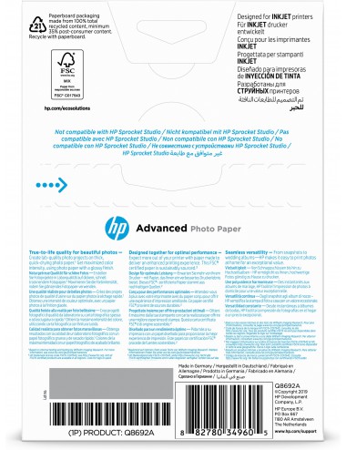 HP Confezione da 100 fogli di carta fotografica Advanced, lucida, 250 g m2, 10 x 15 cm (101 x 152 mm)