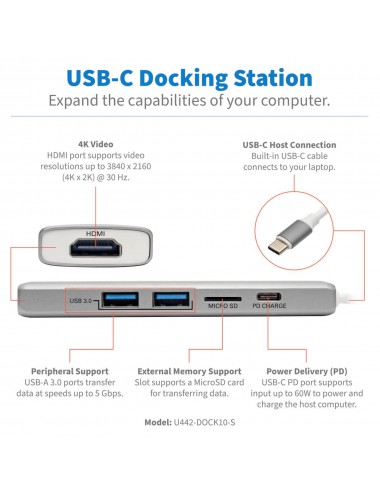 Tripp Lite U442-DOCK10-S station d'accueil USB 3.2 Gen 2 (3.1 Gen 2) Type-C Argent