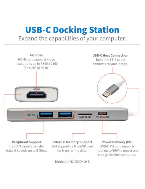 Tripp Lite Estación de Conexión USB-C, 4K @ 30 Hz, HDMI, Thunderbolt 3, Carga PD, Micro SD – Plata