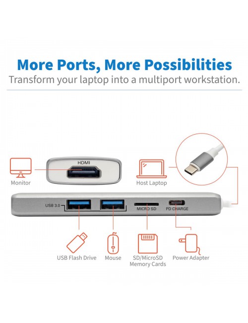 Tripp Lite Estación de Conexión USB-C, 4K @ 30 Hz, HDMI, Thunderbolt 3, Carga PD, Micro SD – Plata