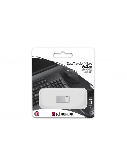 Kingston Technology DataTraveler Micro unidad flash USB 64 GB USB tipo A 3.2 Gen 1 (3.1 Gen 1) Plata