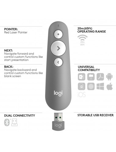 Logitech R500 télécommande Bluetooth RF Gris