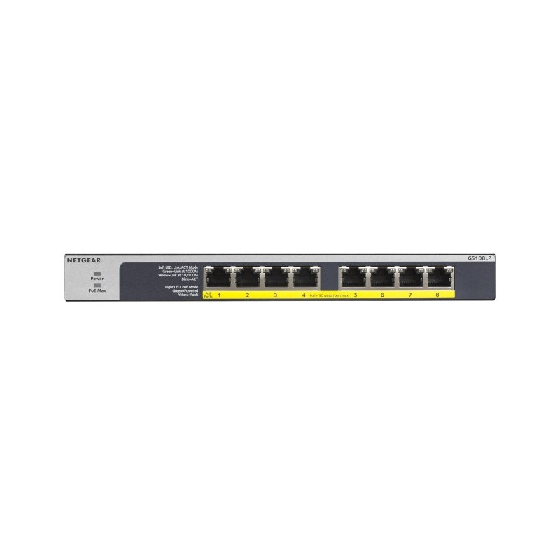 NETGEAR GS108LP Non-géré Gigabit Ethernet (10/100/1000) Connexion Ethernet, supportant l'alimentation via ce port (PoE) 1U NETGEAR GS108LP Non-géré Gigabit Ethernet (10/100/1000) Connexion Ethernet, supportant l'alimentation via ce port (PoE) 1U