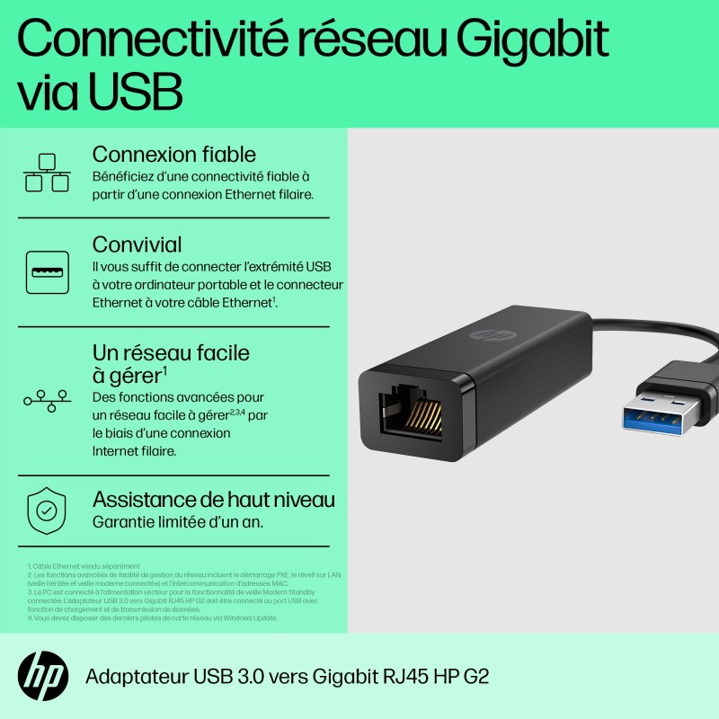 HP Adaptateur USB 3.0 RJ45 vers Gigabit G2 HP Adaptateur USB 3.0 RJ45 vers Gigabit G2