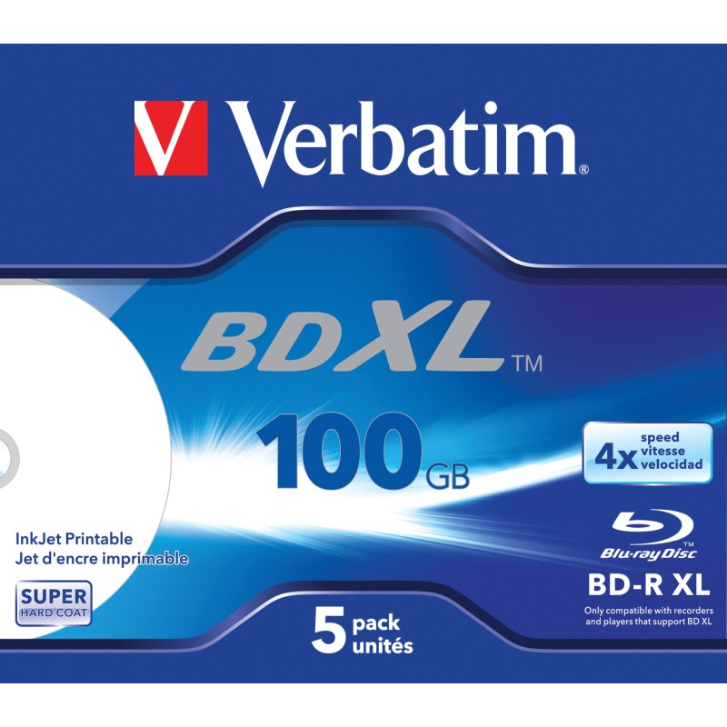 Verbatim BD-R XL 100 Go* 4x Wide Inkjet Printable Boîtier avec lot de 5