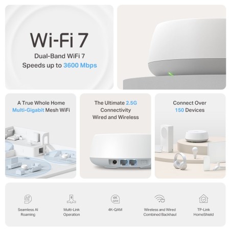 TP-Link DECO BE25(1-PACK) système Wi-Fi maillé Bi-bande (2,4 GHz / 5 GHz) Wi-Fi 7 (802.11be) Blanc 2 Interne