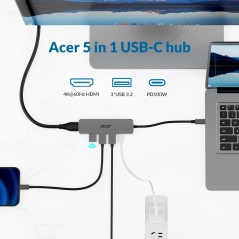 Acer 5in1 Type C Dongle Avec fil USB 3.2 Gen 1 (3.1 Gen 1) Type-C Argent